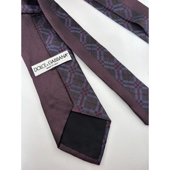 Dolce & Gabbana Made in Italy Men's Silk Neck Tie Black & Purple Plaid Pattern - Picture 4 of 5
